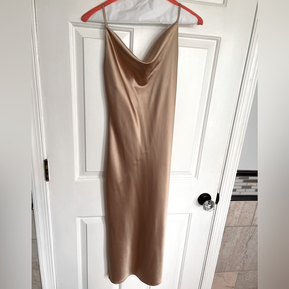 Champagne gold satin longer midi dress